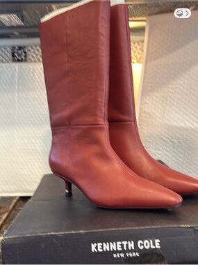New Kenneth Cole Women's Burnt Red Leather Mid-Calf Kitten-Heel Boots